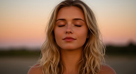 Fototapeta premium A beautiful young woman with blonde hair gazes peacefully at the sunset with closed eyes.