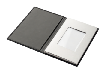 An open photo album with a blank cover frame ready for inserting a picture.