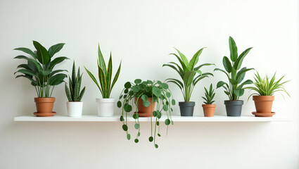 House plants on minimalist shelving unit. Bright photo of modern home interior with green plants, clean design, no books or branded pots.