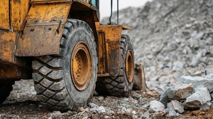 Fototapeta premium Close-up of a rusty construction vehicle tires on a quarry site.