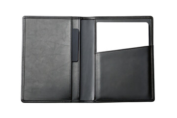 A sleek black leather folder with organized compartments for documents and cards.