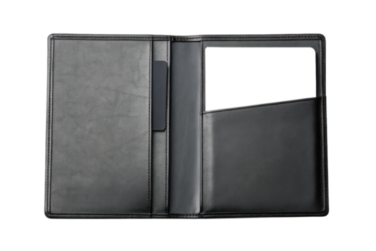 A sleek black leather folder with organized compartments for documents and cards.