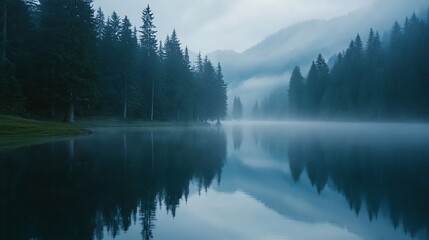 Misty lake serene landscape