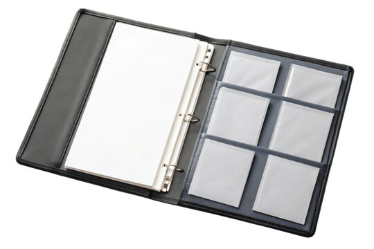 A black binder with a ring mechanism, blank pages, and multiple card holder slots.