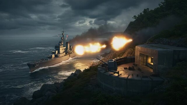 Naval ship fires guns by concrete bunker on grassy hill by the ocean