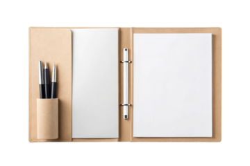 An open beige leather folder with blank paper sheets and three pens neatly organized in a holder.