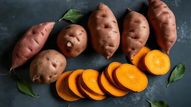 Farm food: raw sweet potatoes and organic yam.
