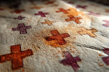Naklejka premium Close-up of patterned fabric with geometric shapes in bright colors, capturing intricate details and vibrant design.