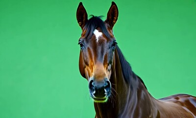 Horse Portrait: A striking close-up of a majestic horse with a glossy brown coat and captivating gaze, set against a vivid green background, emanating strength and grace.