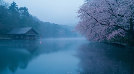 Fototapeta premium Misty morning on a serene lake, with cherry blossoms