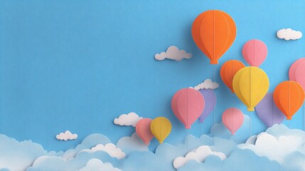 Colorful hot air balloons floating in a pastel blue sky, with fluffy white clouds