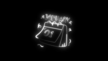 Animated january 01 calendar page in glowing neon style on a black background