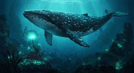 Fototapeta premium Majestic Whale in Bioluminescent Deep Sea - A stunning whale swims through a vibrant deep sea scene, illuminated by bioluminescent plants and creatures. A captivating underwater world