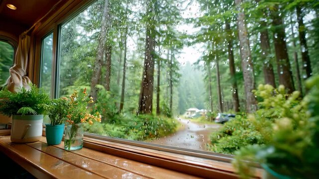 Cozy view of a rainy forest from a cabin window with vibrant plants.