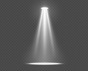 Bright spotlight beam on dark stage background. Vector illustration with glow and transparent effect. Ideal for concert scenes, nightclub events or volumetric lighting designs.