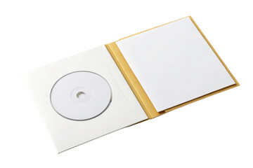 An open CD case with a disc on the left and a blank booklet on the right.