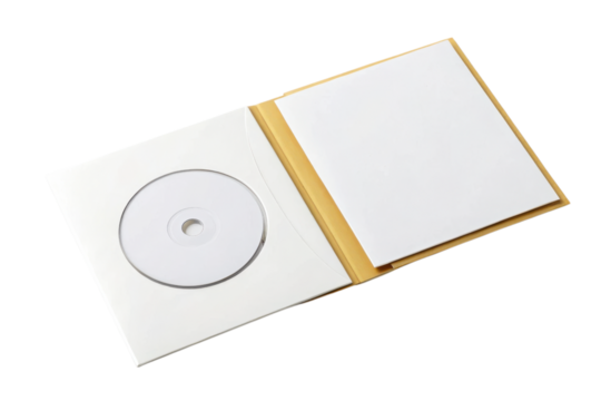 An open CD case with a disc on the left and a blank booklet on the right.