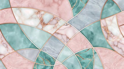 Elegant Marble Mosaic Design in Soft Pastel Tones. A captivating abstract design showcasing a mosaic pattern of pastel pink, light teal, and mint-green marble, framed by gold accents.