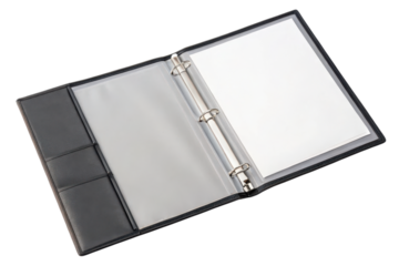 An open black leather binder with metal rings, document sleeves, and blank white paper.