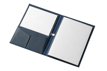 An open black portfolio folder displaying blank sheets of paper and an inner pocket.