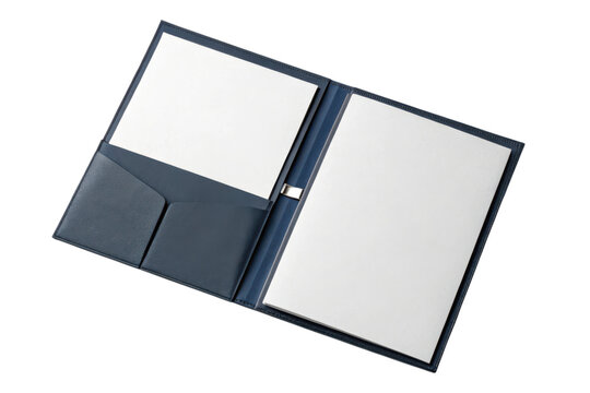 An open black portfolio folder displaying blank sheets of paper and an inner pocket.