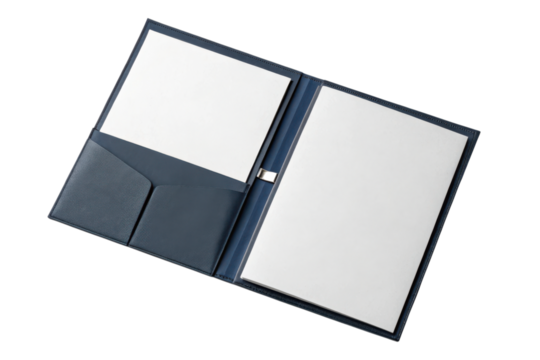 An open black portfolio folder displaying blank sheets of paper and an inner pocket.