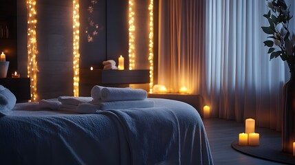 Glowing lights and soft fabrics in a cozy beauty spa