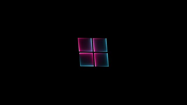 Four rectangle saber animation by gradient colors neon line on black background. Glowing neon lights loop animation.