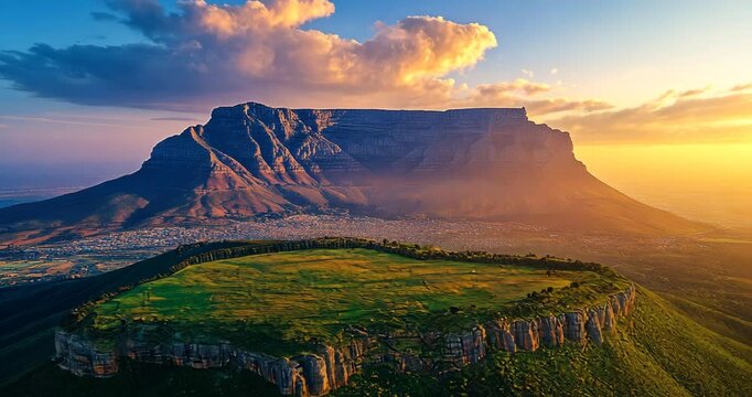 A breathtaking aerial view of a majestic mountain range at sunset.