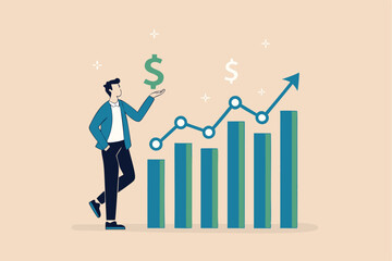 Revenue or salary increase, growth investment profit or earning from stock market, money or wages growing concept, businessman with magnifying glass on dollar money sign with growth graph and chart.