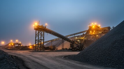 Fototapeta premium Industrial mining operation at twilight with illuminated conveyors.
