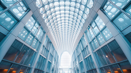 A modern glass building with a unique geometric skylight, featuring symmetrical architecture and abundant natural light.