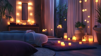Glowing lights and soft fabrics in a cozy beauty spa