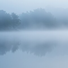 Fototapeta premium Misty Morning Lake with Tree Reflections
