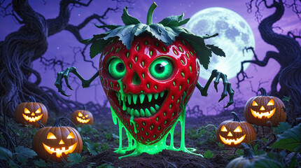 Scary strawberry zombie with glowing green eyes and melting slime stands in a spooky forest at night, surrounded by glowing pumpkins under a full moon