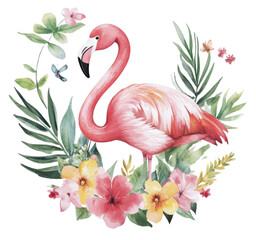 Flamingo watercolor painting isolated on white background, PNG transparent.