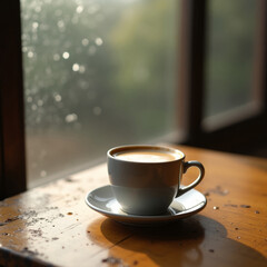 Fototapeta premium Cup of coffee on wooden table by window with rain. Cup of coffee on rustic table, soft daylight, blurred raindrops on window, unbranded. 