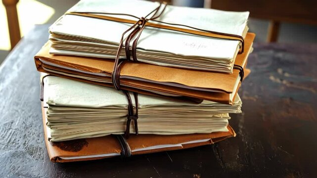 stack of bound journals on weathered wood surface, documents tied with leather cords, aged paper