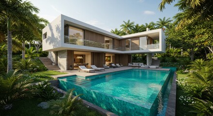 Fototapeta premium Modern Tropical Villa with Infinity Pool - Luxurious modern villa nestled in tropical landscape, featuring an infinity pool and stunning architectural design. Ideal for luxury real estate, travel