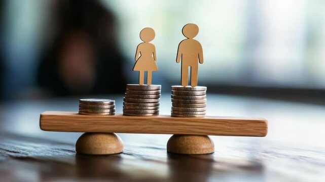 Balancing gender equality and financial equality concept with paper figures on coin stacks.