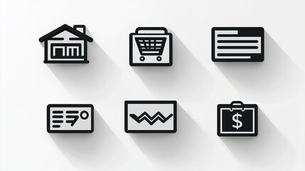 Collection of Business and E-commerce Icons:  House, Shopping Cart, Invoice,  Temperature, Graph, and Invoice