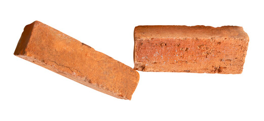 Side view of two cracked old red or orange bricks in stack isolated with clipping path in png file format