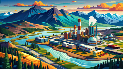 Naklejka premium Aerial Panoramic Canadian Oil Refinery Athabasca river Alberta