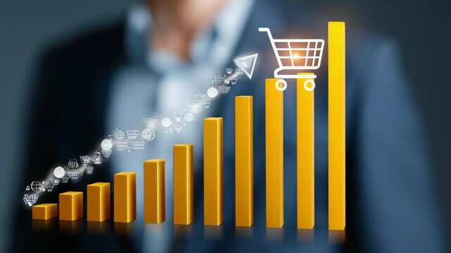E-commerce growth graph: Illustrates the significant and upward trend of online shopping with a vibrant graph featuring a shopping cart symbol. conveying the concept of digital commerce expansion.