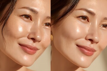 A detailed comparison of two side-by-side portraits showcasing the natural beauty and subtle differences in skin texture and facial features of an Asian woman