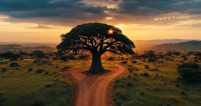 An aerial view of a lone tree at a fork in a dirt road, bathed in the golden light of a dramatic sunset.