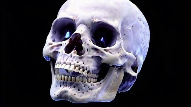 A close up of a skull with a black background. The skull is white and has a very realistic appearance