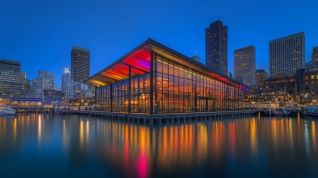 Modern waterfront restaurant at dawn