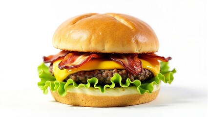 Bacon Cheeseburger On White Background Close-Up