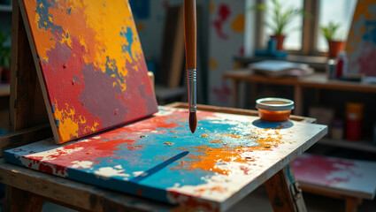 The process of painting with acrylic paints. Palette with mixed acrylic paints.